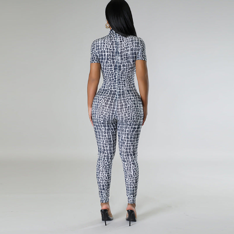 Women Trousers Printed Tight Sexy Women Short Sleeved Jumpsuit