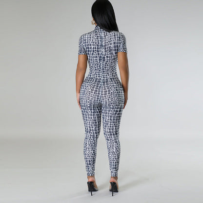 Women Trousers Printed Tight Sexy Women Short Sleeved Jumpsuit