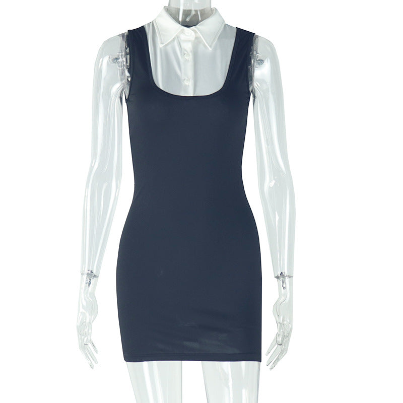 Autumn Women Clothing Fashionable Elegant Faux Two Piece Solid Color Hip Sleeveless round Neck Short Dress