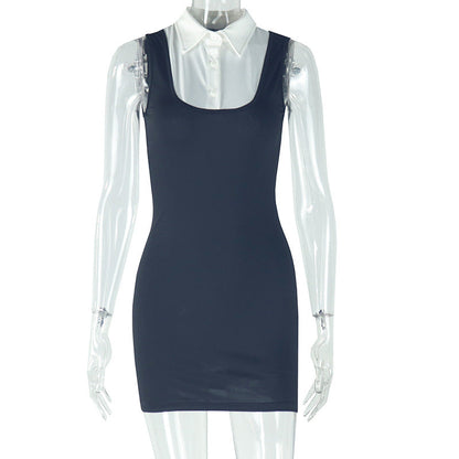 Autumn Women Clothing Fashionable Elegant Faux Two Piece Solid Color Hip Sleeveless round Neck Short Dress