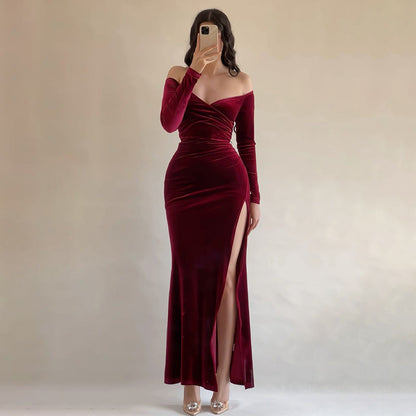 Off Shoulder Sexy High Slit Velvet Dress Women Elegant Dress