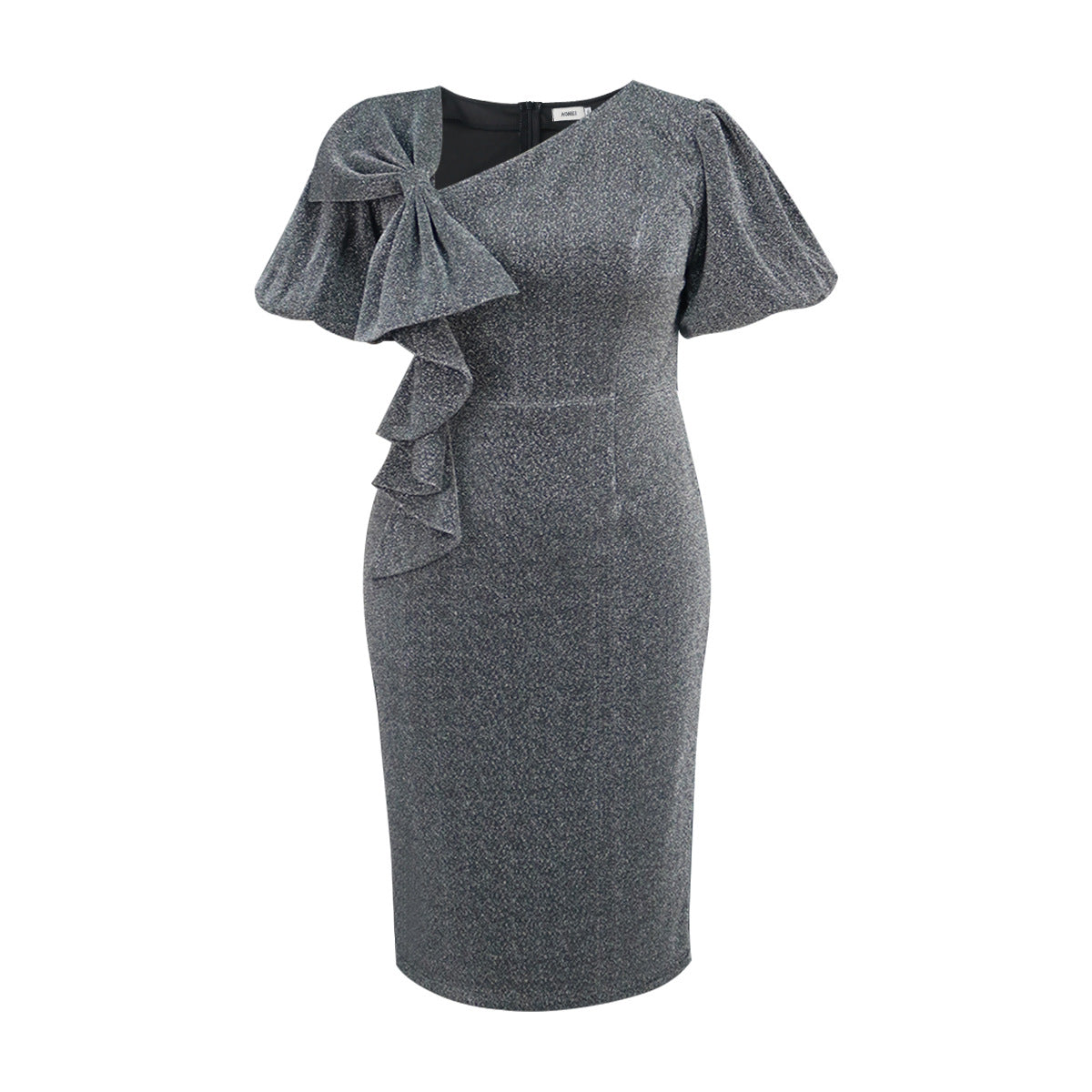 Spring Summer Bow Puff Sleeve Dress Party Nightclub Black Silver Hip Dress