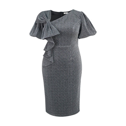 Spring Summer Bow Puff Sleeve Dress Party Nightclub Black Silver Hip Dress