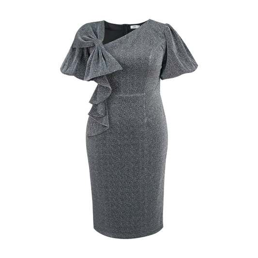 Spring Summer Bow Puff Sleeve Dress Party Nightclub Black Silver Hip Dress