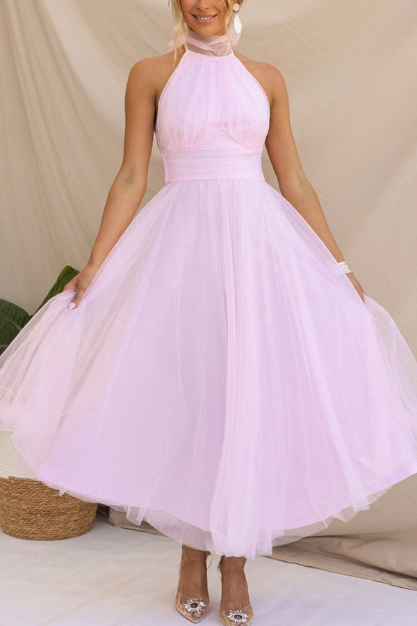 Fairy Vibes Tulle Gathered Detail Halter Maxi Dress