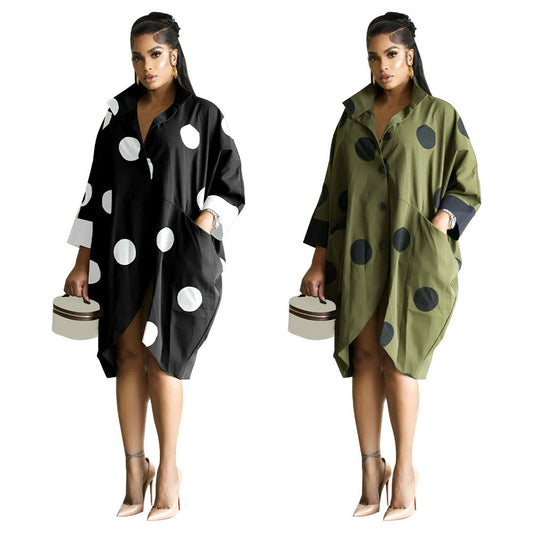 Women Clothing Supply Average Size Printed Nine Quarter Sleeve Shirt Dress Pocket Dress