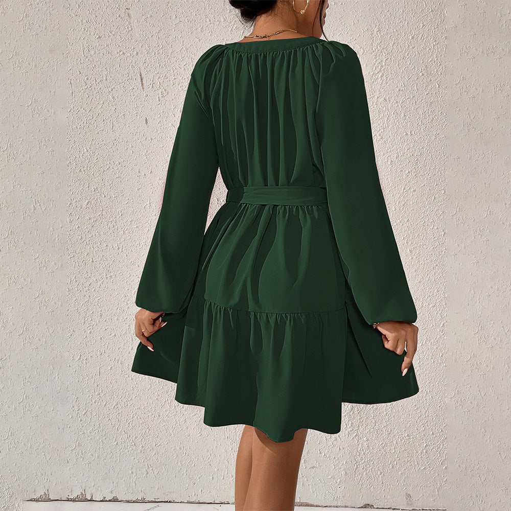 Women Clothing Spring/Summer Loose Casual Waist Tight Long Sleeve Ruffled Dress