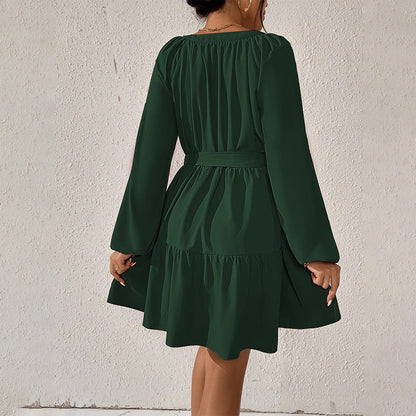 Women Clothing Spring/Summer Loose Casual Waist Tight Long Sleeve Ruffled Dress