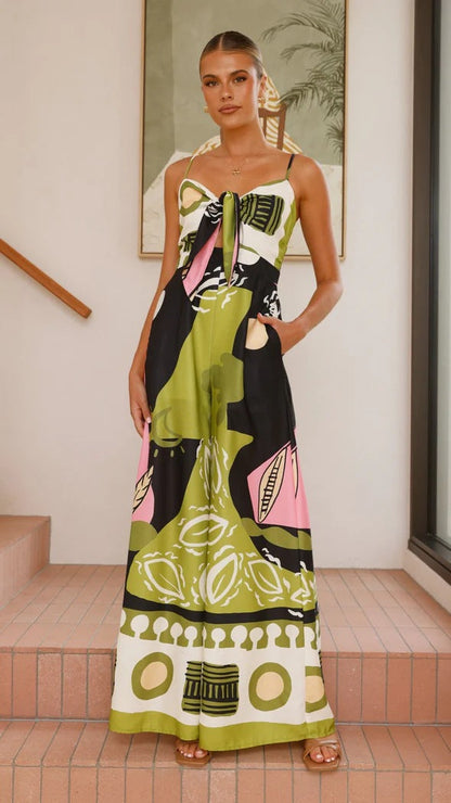 Spring Summer Jumpsuit Sexy Cropped Print Sling Wide Leg Jumpsuit Women