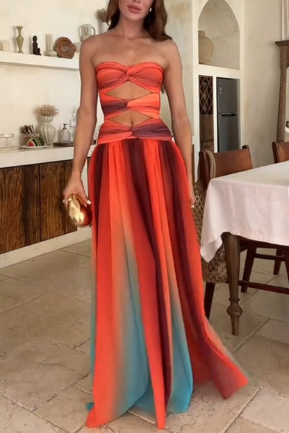 Ladies' Sunset Sexy strapless Fashion Tassel Printed Twisted Hollow Off Shoulder Vacation Long Dress
