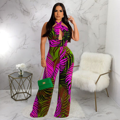Women Clothing Sleeveless Sexy Backless Lace up Printed Jumpsuit