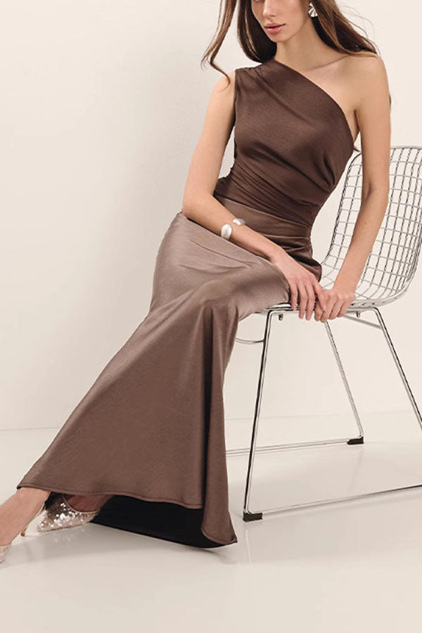 Kaia Satin Contrast Fabric Patchwork One Shoulder Ruched Maxi Dress