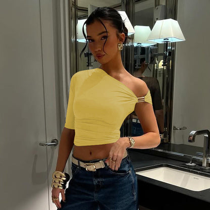 Women Clothing Solid Color Single Sleeve off the Shoulder Asymmetric Pleated Crop Top Tight Fitting T shirt Top
