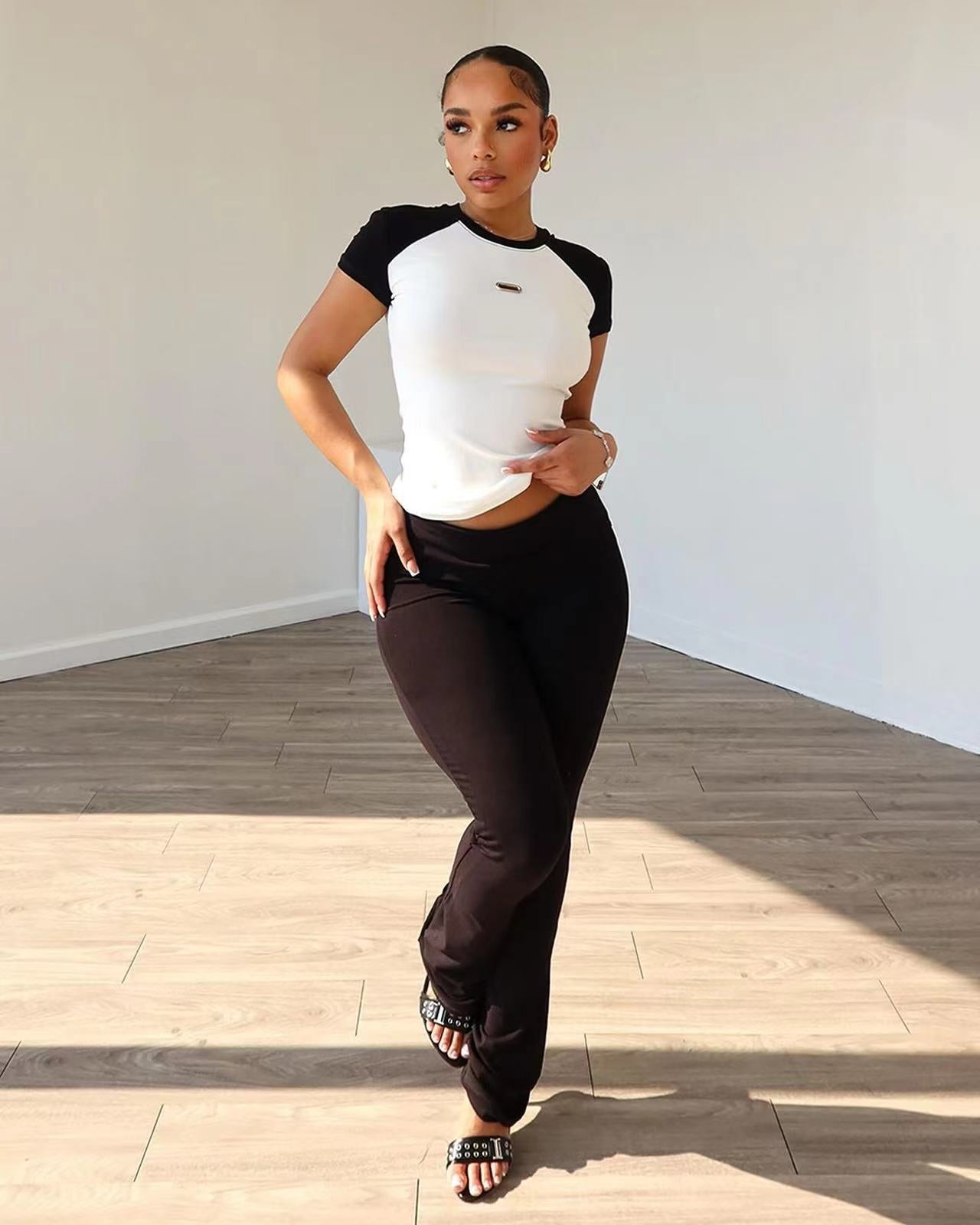 Women Clothing Spring Summer Color Matching Sports Dance Fitness Yoga Short Sleeve Trousers Two Piece Set