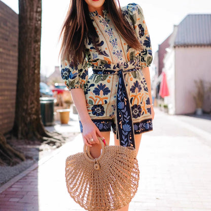 Spring Summer Printed Lace up Bohemian Jumpsuit Women