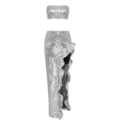 Summer Silver Sequin High Slit Lace Two Piece Set Women Clothing Casual Set