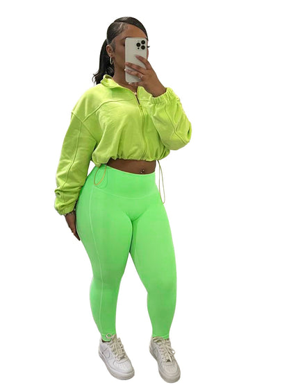 Casual Women Wear Zipper Elastic Buckle Waist Drop Shoulder Sleeve Two Piece Suit