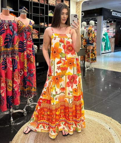 Summer Women Sexy Sleeveless Swing Printed Long Sling Dress