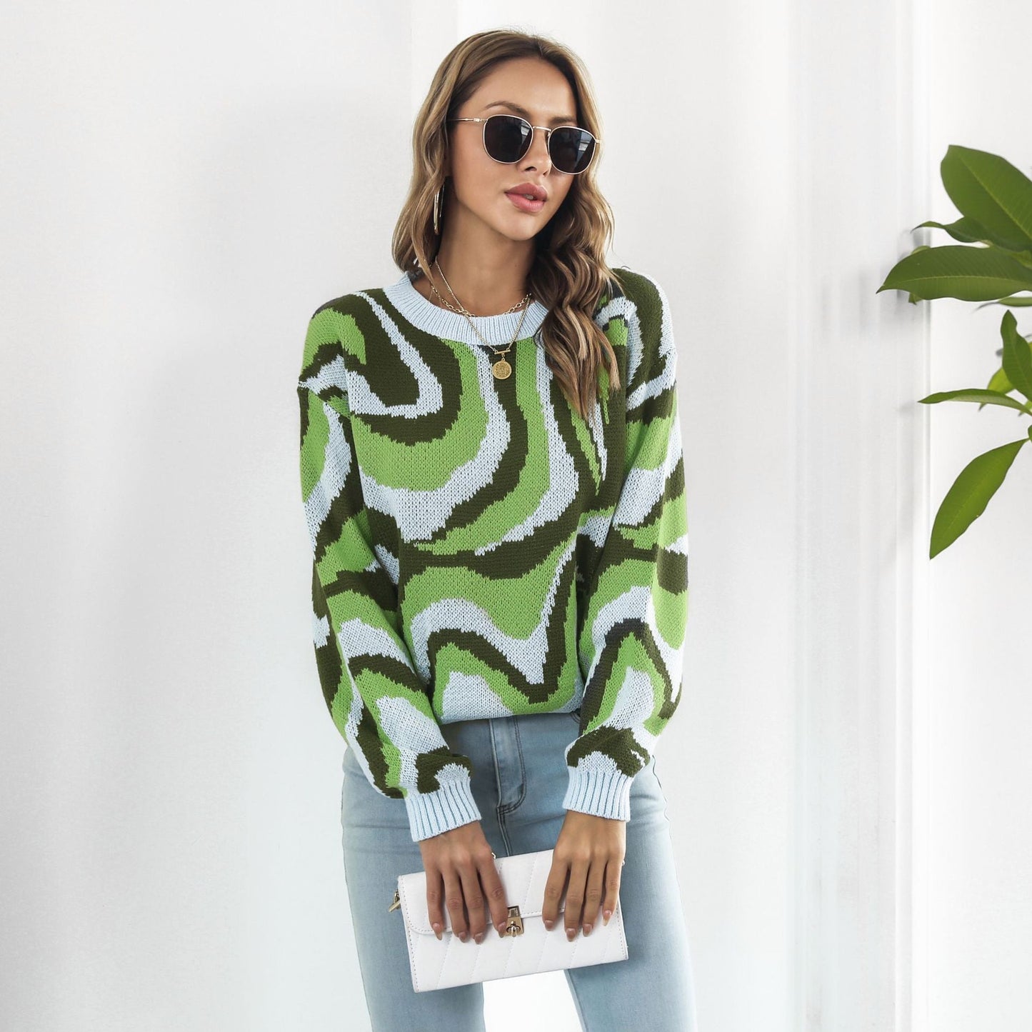 Tie Dyed Brocade Sweater Women Loose Autumn Winter Long-Sleeved Casual Knitwear Sweater