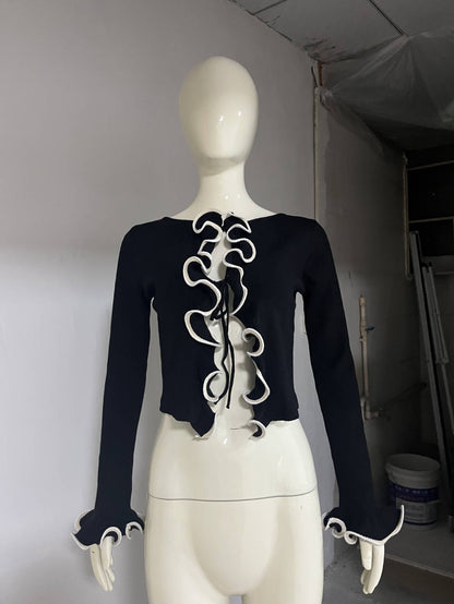 Spring Floral Edge Stitching Contrast Color Black Long Sleeve Knitted Cardigan Women Slimming Short Top Women