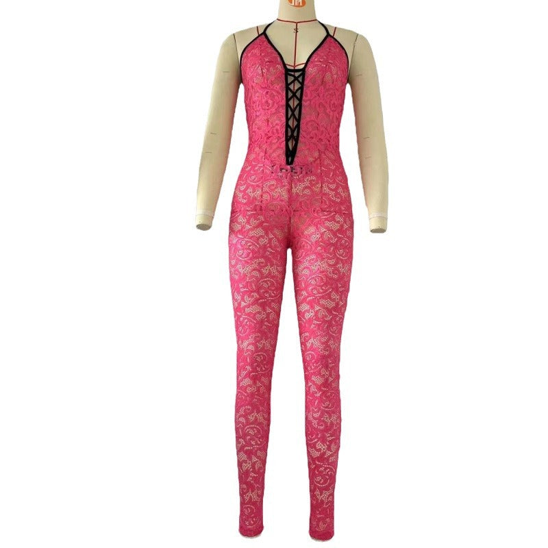 Spring Sexy Hollow Out Cutout Contrast Color Suspenders Slim Fit Backless Sexy Jumpsuit Women