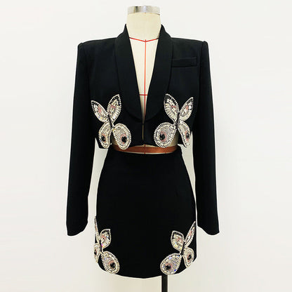 Heavy Industry Beads Diamond Butterfly Patterned Short Skirt Two Piece Set