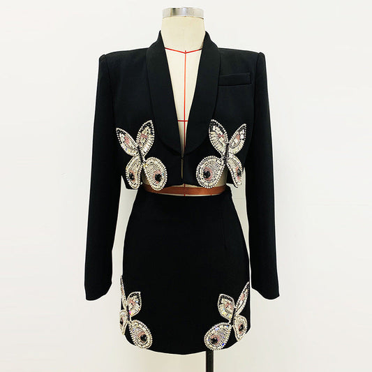 Heavy Industry Beads Diamond Butterfly Patterned Short Skirt Two Piece Set