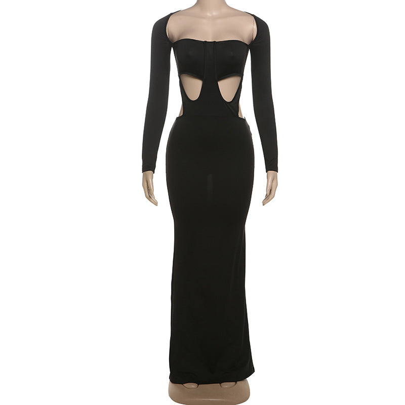 Winter Women Clothing Sexy Sexy Solid Color Long Sleeve Hollow Out Cutout Sexy Deep U Collar Hip Bag Dress
