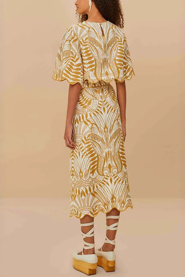 Korra Linen Blend Unique Print Wave Trim Bell Sleeve Top and Elastic Waist Pocket Midi Skirt Set
