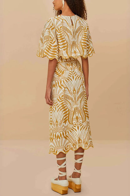 Korra Linen Blend Unique Print Wave Trim Bell Sleeve Top and Elastic Waist Pocket Midi Skirt Set