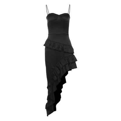 Autumn Winter Women Clothing Sexy Backless Ruffled Irregular Asymmetric Slit Sling Dress Women
