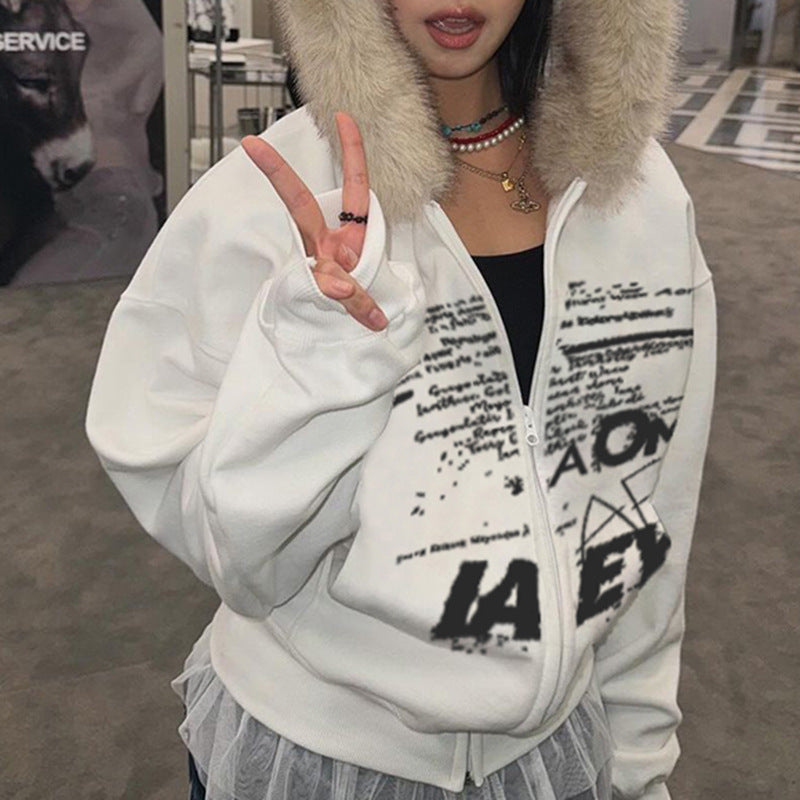 Retro Simple Letter Graphic Print Furry Stitching Hooded Cardigan Top Autumn Winter Thermal Velvet Sweatshirt Coat