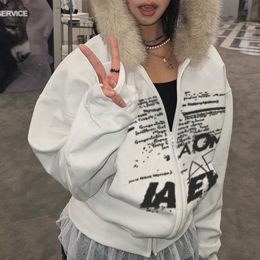 Retro Simple Letter Graphic Print Furry Stitching Hooded Cardigan Top Autumn Winter Thermal Velvet Sweatshirt Coat