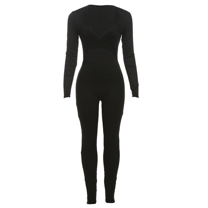 Autumn Winter Sexy Deep V Plunge neck Cropped Tight Long Sleeve Solid Color Sports Jumpsuit Women