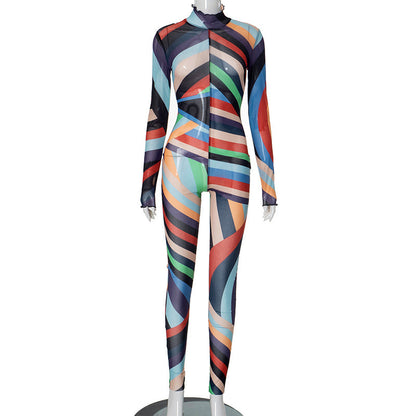 Fall Sexy Mesh Floral Print Jumpsuit for Women