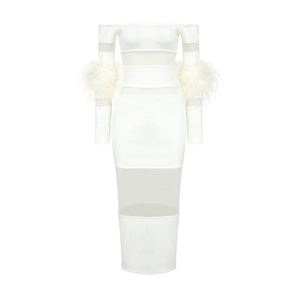 Summer Women White Off Shoulder Stitching Mesh Feather Sleeve Dress Knitted Dress