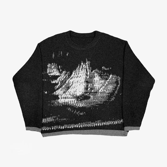 Grunge Horror Style Printed Relaxed-Fit Knit Sweater