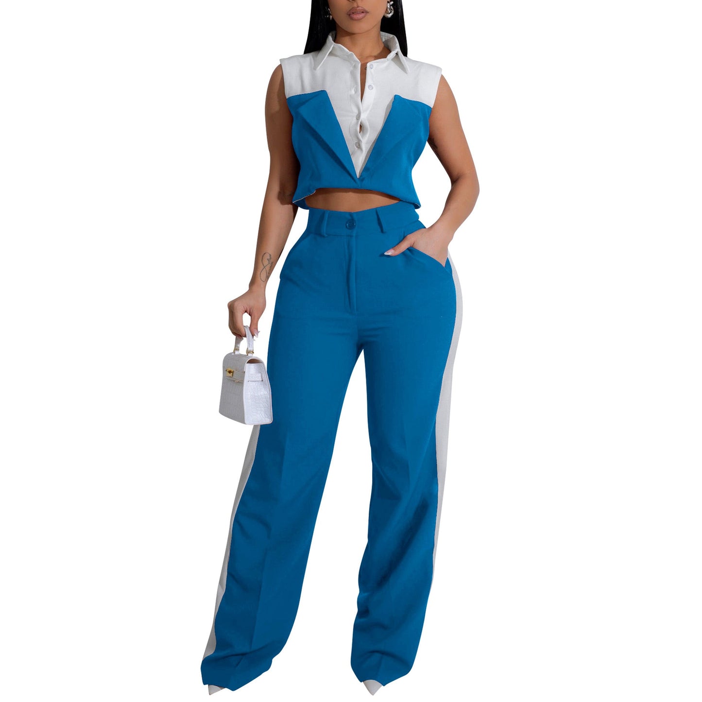 Women Clothing Shirt Sleeveless Summer Two Piece Set Faux Two Pieces Office