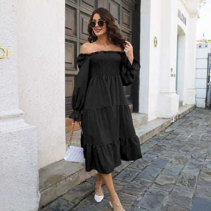 Smocking Dress Ruffled Square Collar Flared Sleeve Layered Large Swing Dress Women Women Clothing