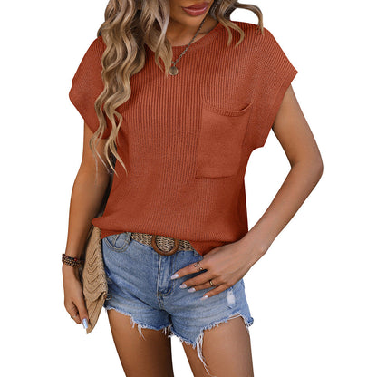 Women Clothing Women round Neck Pocket Decorative Top Sweater with Short Sleeves