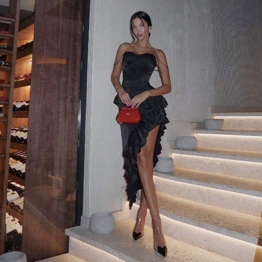 Autumn Winter Women Clothing Sexy Backless Ruffled Irregular Asymmetric Slit Sling Dress Women