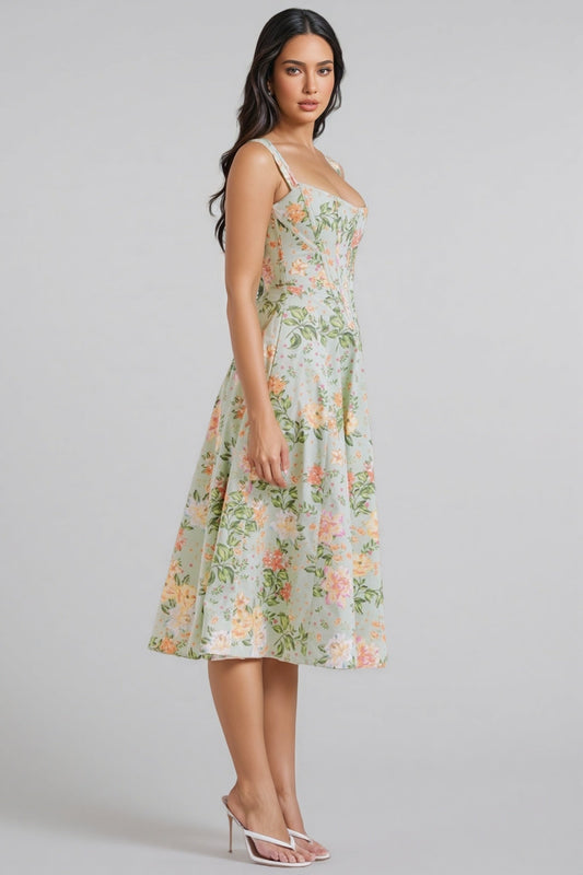 Nila Green Split Floral Midi Dress