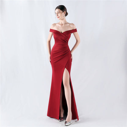 Classic off Shoulder High Fork Fishtail Satin Evening Dress