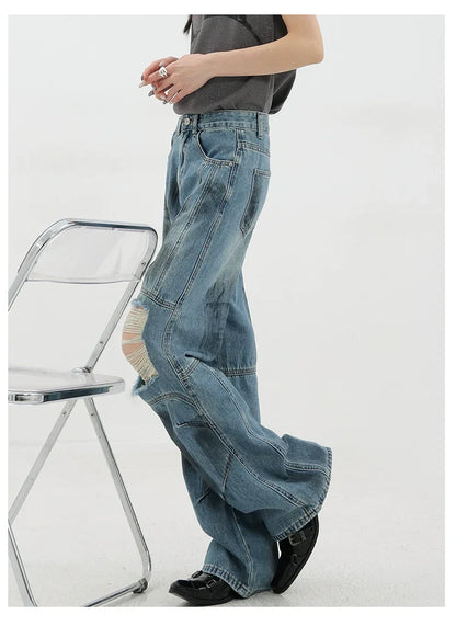 Vintage Distressed And Dirt-Dyed Patchwork Wide-Leg Jeans