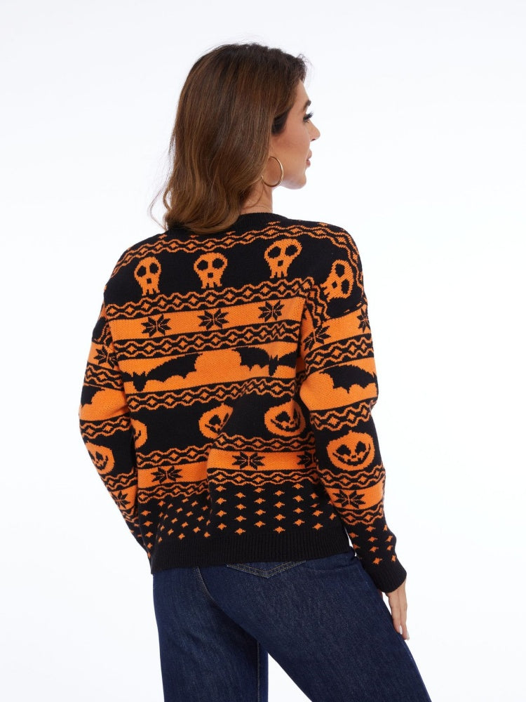 Suéter de punto con cuello redondo y estampado de calabaza de Halloween 