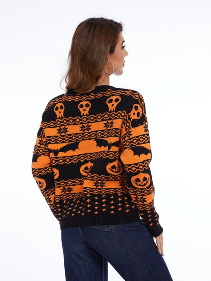 Suéter de punto con cuello redondo y estampado de calabaza de Halloween 