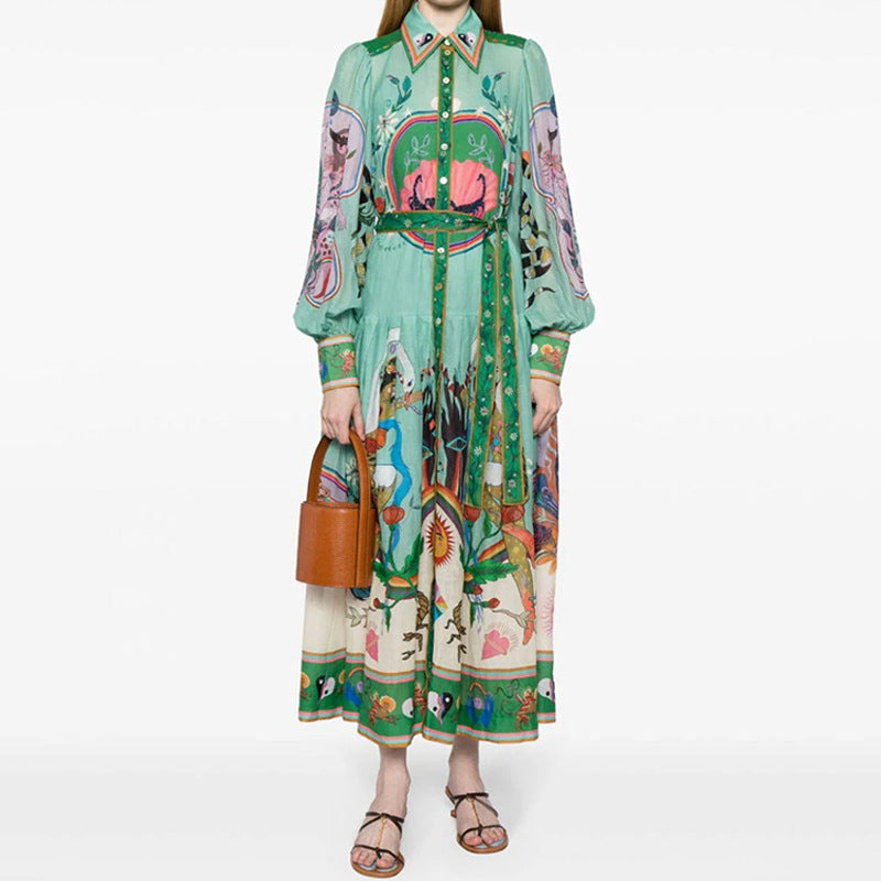 Women Clothing Vintage Printed Lantern Sleeve Waist Controlled Large Hem Dress