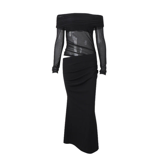 Women Clothing Spring Sexy Sexy off Shoulder Mesh Stitching Long Sleeves Hollow Out Cutout Dress Women