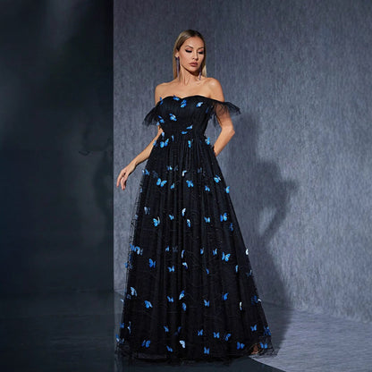 Black off Shoulder Dress Butterfly Embroidered Mesh Niche Cocktail Party Evening Dress