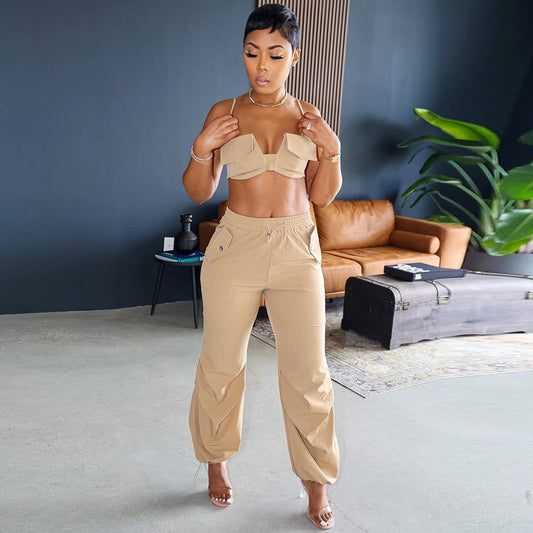 Spaghetti Straps Corset Niche Cropped Outfit Ankle Tied Trousers Drawstring Two Piece Set for Women
